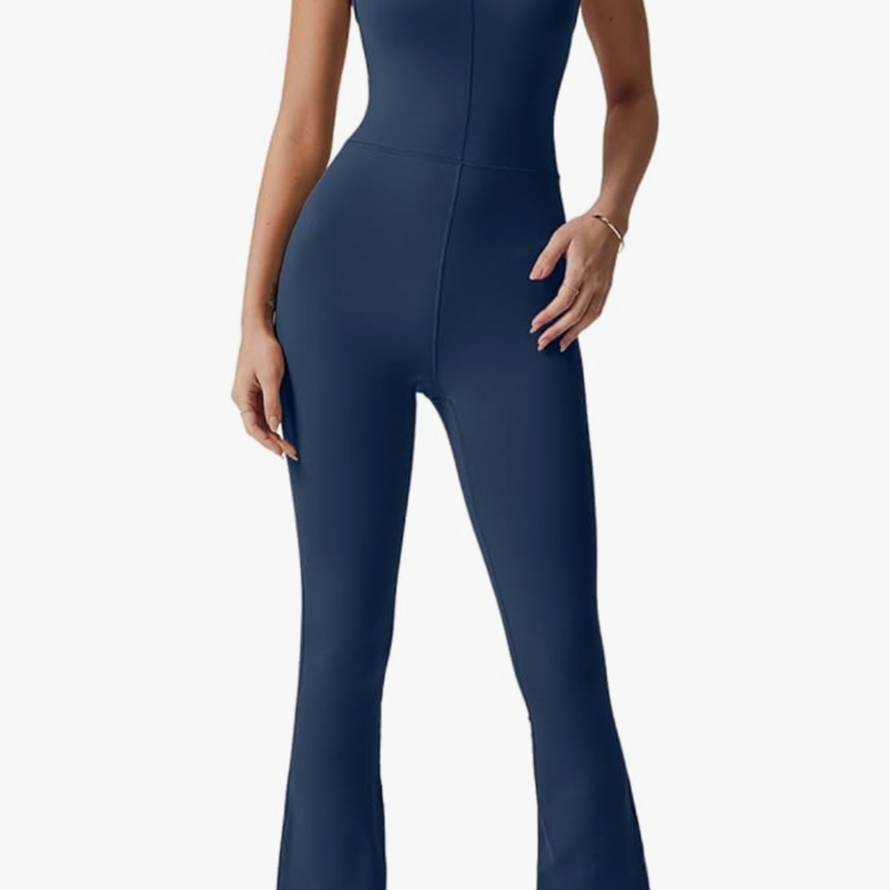 QINSEN Flare Jumpsuits for Women Spaghetti Straps Scoop Neck Bodycon Full Length
